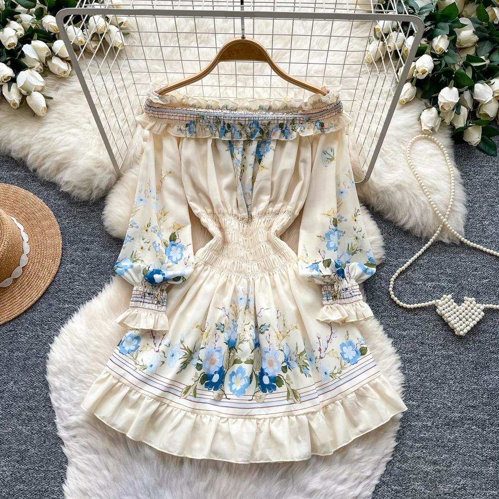 Boho Floral Off Shoulder Floral Print Mini Dress Women Long Sleeve Ruffle Hem Smocked Waist Vintage Summer Beach Dress