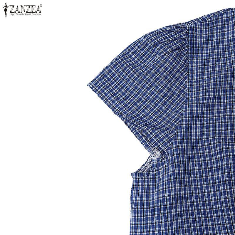 ZANZEA Women Daily Summer V-Neck Plaid Print Short Sleeve Casual Dress