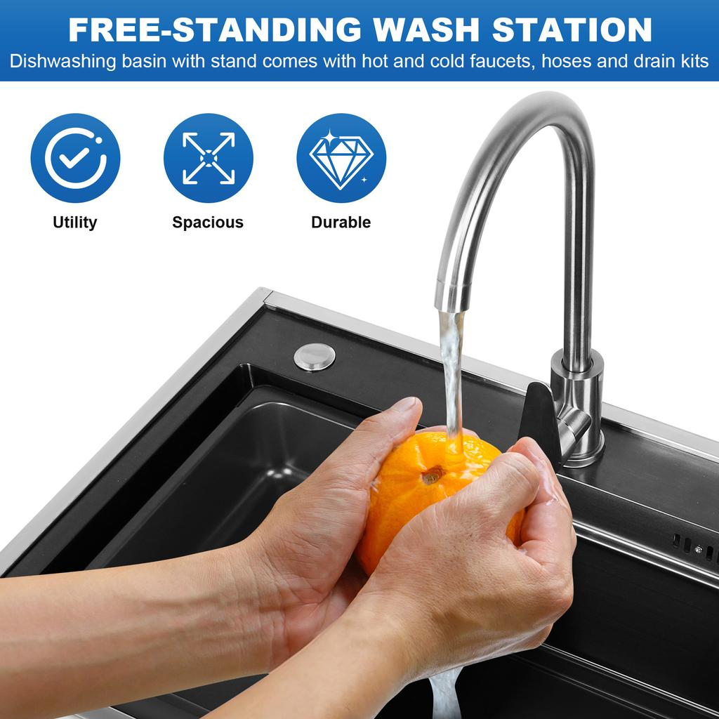 Stainless Steel Utility Sink Adjustable Stand Freestanding Sink Rust Proof Single Bowl Sink Set with Cold & Hot Water Faucet