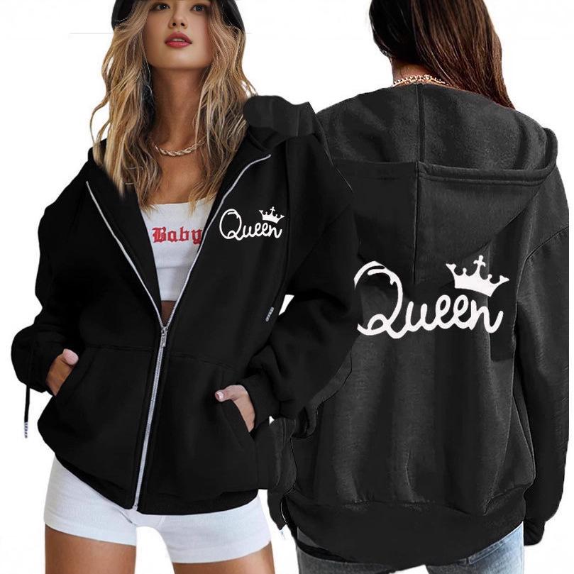 Felpa con Cappuccio e Tasca con Zip da Donna con Stampa Corona di Regina e Giacca Baseball.
