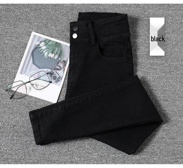 Women's High Waist Elastic Denim Skinny Pants - Double Button Pencil Style for Spring, Autumn, Winter