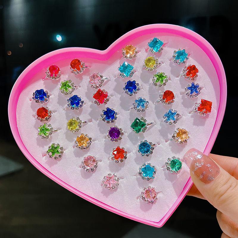 

36 шт. Регулируемые детские кольца со стразами, необычные, с витриной, аксессуары для колец, подарок, детский набор ювелирных колец, жемчужный цветок