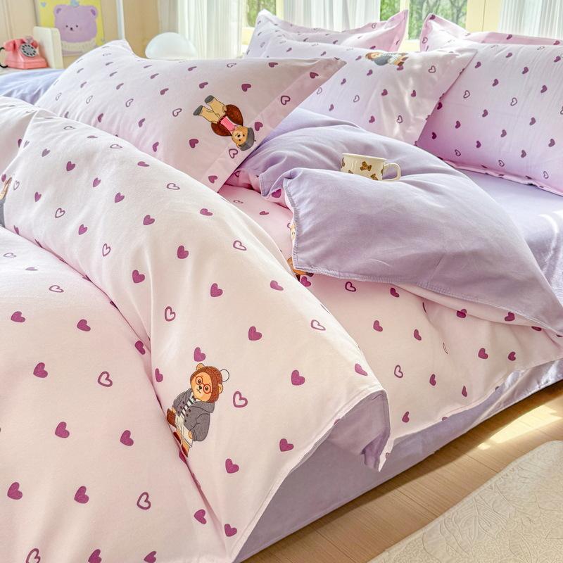 Cotton 4-piece Set Thickened Brushed Fresh Cotton Bed Sheet Quilt Cover Hats Models Dormitory 3-piece Set