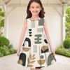 Girls Sleeveless Round Neck Geometric Printed A Line Flared Dress Red Black Beige