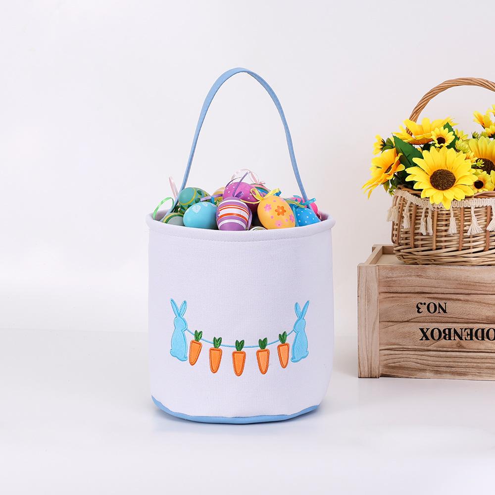 Easter Egg Handheld Storage Basket, Canvas Easter Bunny Bags Eggs Hunting Carry and Candy Gift Bag Rabbit Print for Easter Party