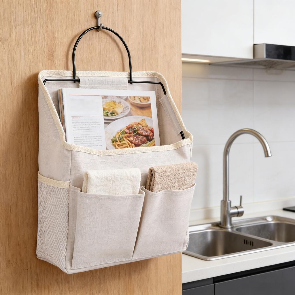 2pcs Wall Hanging Storage Bag Water Proof Closet Linen Fabric Pockets Organizer with Hooks for Living Room Bedroom Bathroom Kitchen Beige
