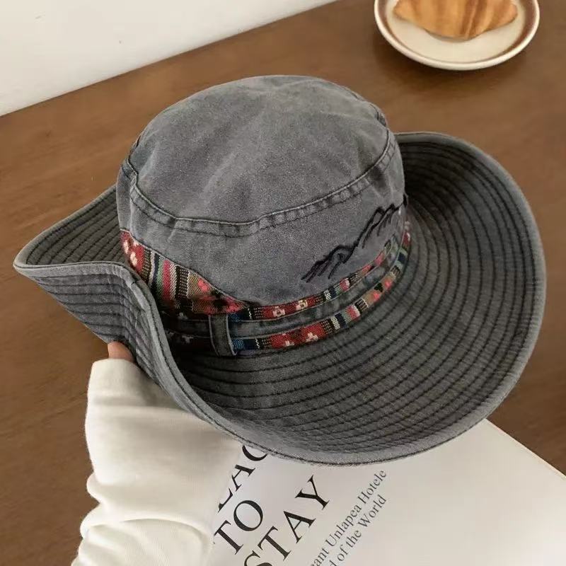 1 Stück Outdoor-Sonnen-Eimerhüte für Damen Herren, Gestickte Retro-Strand-Wasserdichte Fischer-Fischerhüte Sommer Faltbare Bob-Mütze Mann