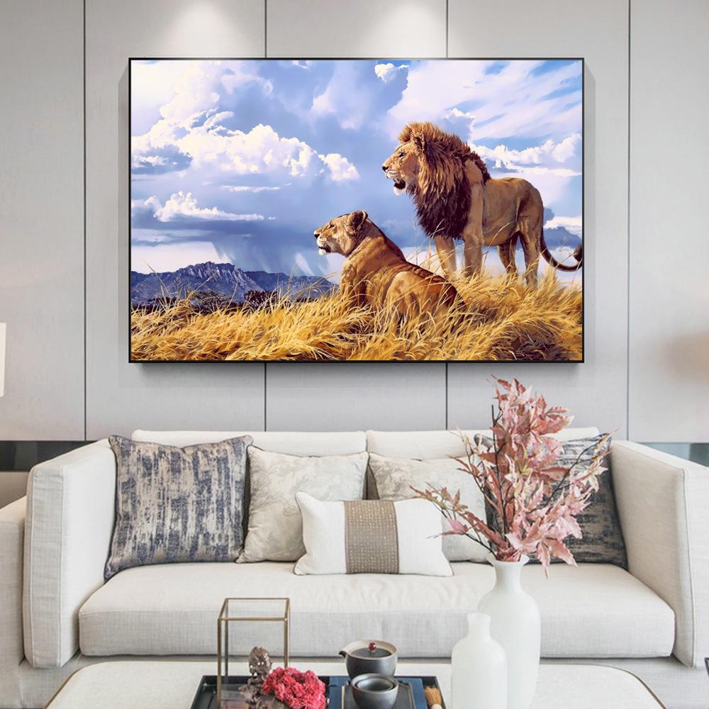 Modern Lion Canvas Art: Male & Female Lions Mural Poster for Living Room Decor