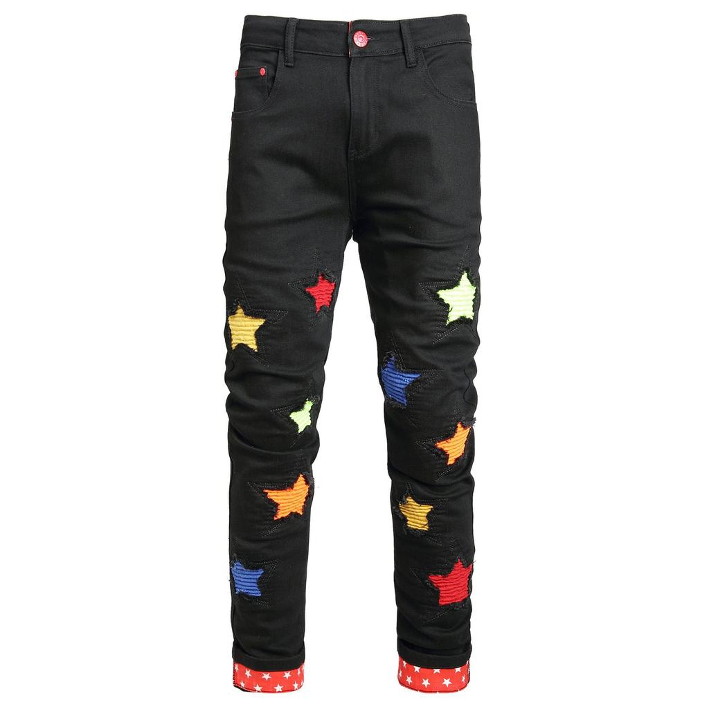 Original European And American Style, Personalized And Colorful Embroidery, Slim Fit And Elastic Flanged Denim Pants