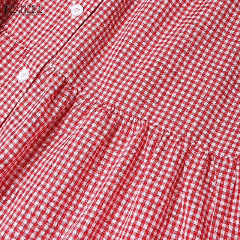 ZANZEA Women Casual Round Neck Long Sleeve Plaid Print Dress