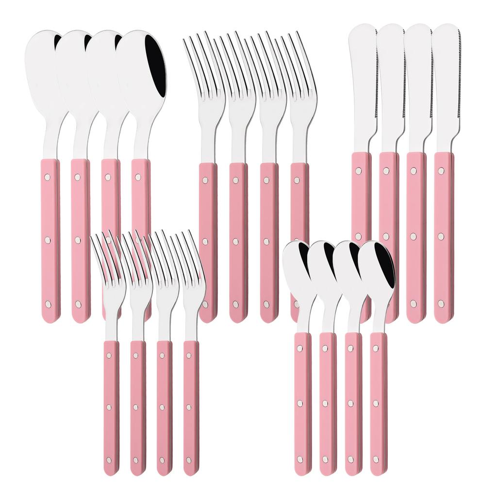 20 PCS Stainless Steel Flatware Set Service for 4, Retro Style  Tableware Forks Spoons Knives Eating Utensils, Acrylic Handle with Rivets Design