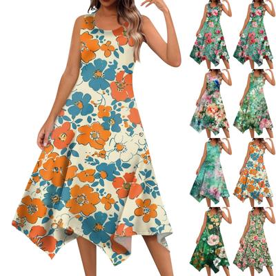 Abito Midi da Donna Casual alla Moda Girocollo Senza Maniche Orlo Irregolare Stampa Floreale