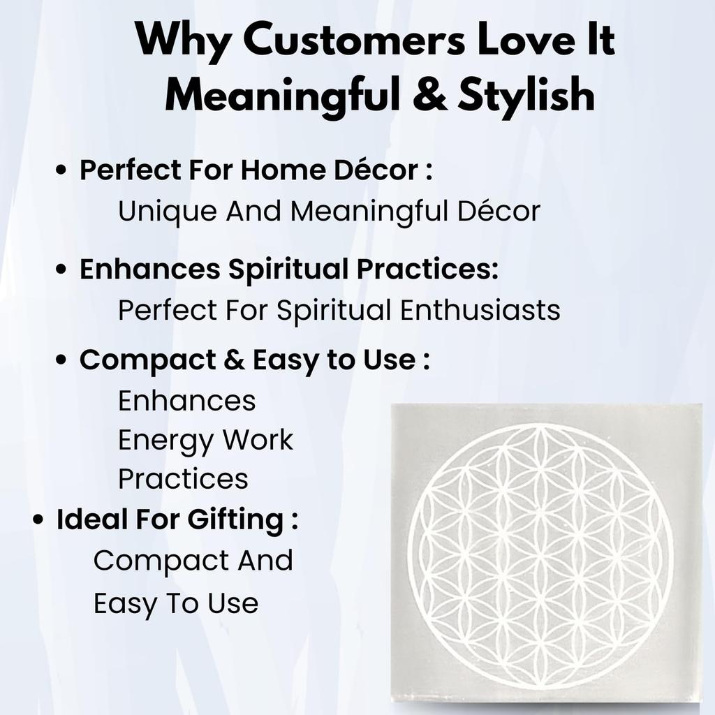 Plus Value Selenite Square Charging Plate - Flower of Life Symbol Reiki Healing Crystal Aura Chakra