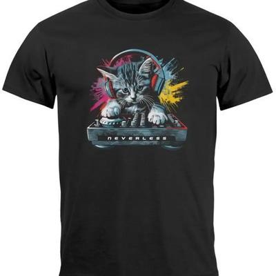 Mens Techno DJ Cat Electronic Music Rave Festival Printshirt T-Shirt - Men's Summer Cotton Graphic Tee