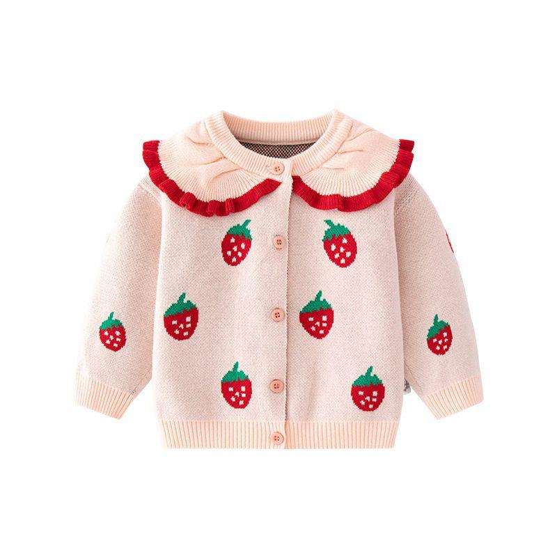 Spring and Autumn Strawberry Girl Round Neck Lace Kids Pure Cotton Cardigan Coat Sweater Baby Girl Single Breasted Knitwear