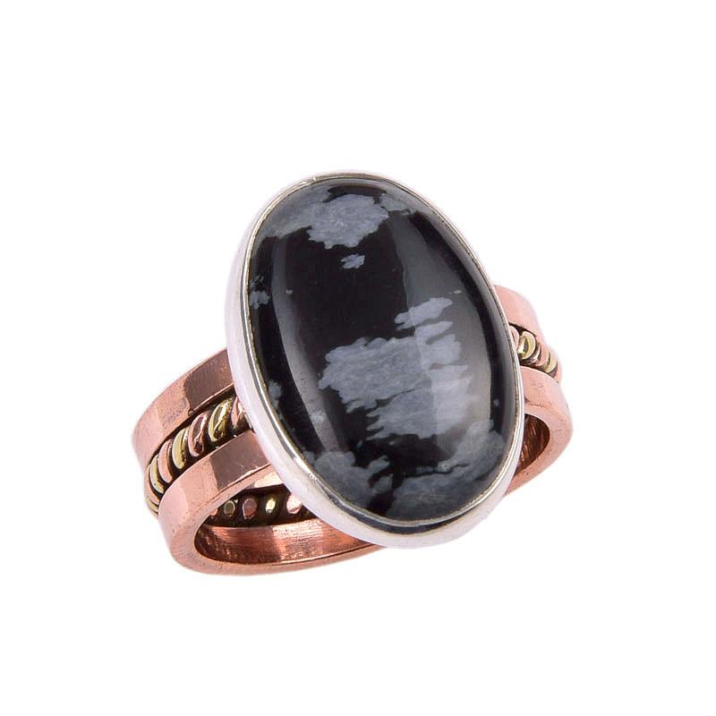 Natural Snowflake Obsidian Gemstone 925 Sterling Silver Two Tone Ring S.6 D3Z42