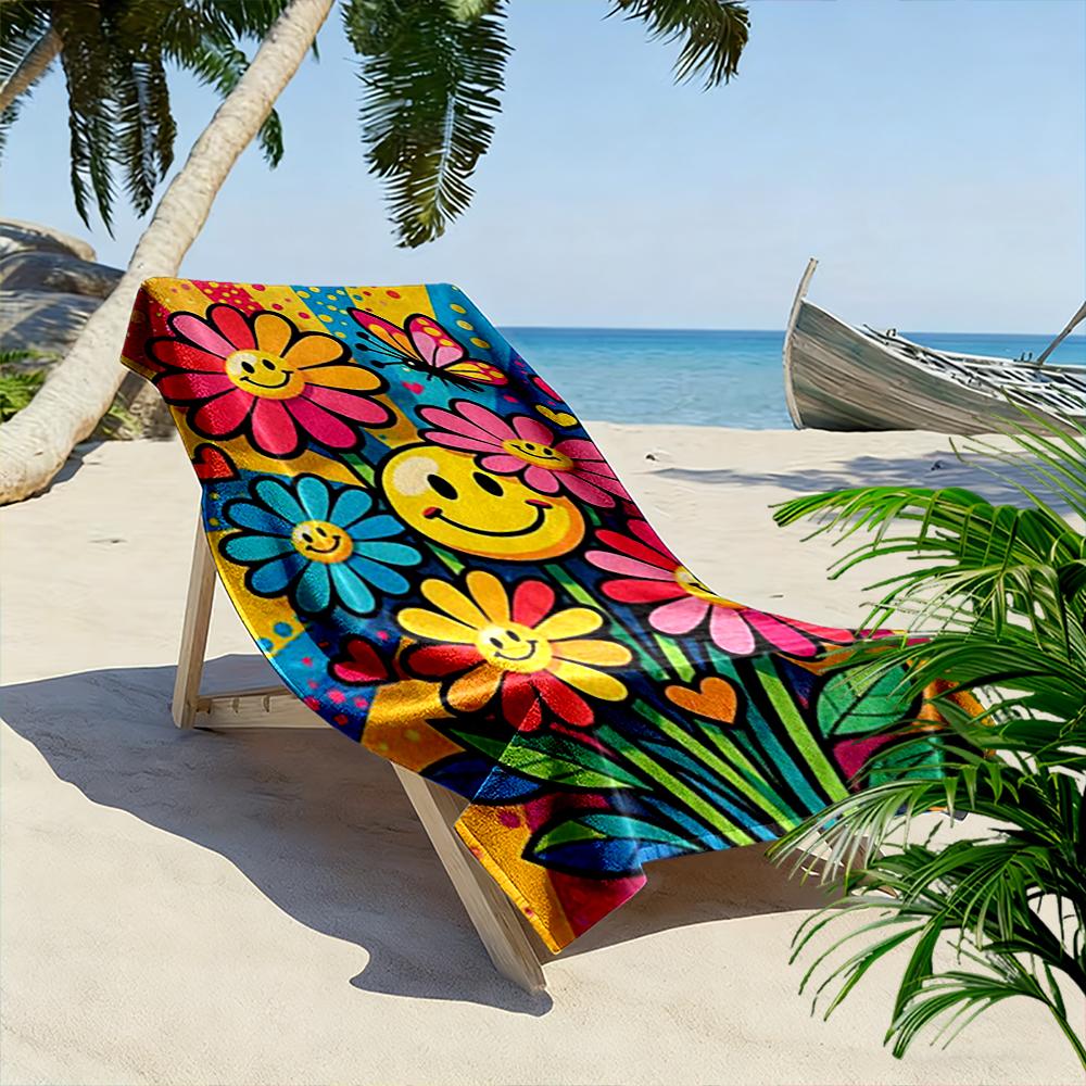 Smiley Flowers and Butterfly Design Beach towel quick-drying for travel outdoor sports jogging beach and swimming