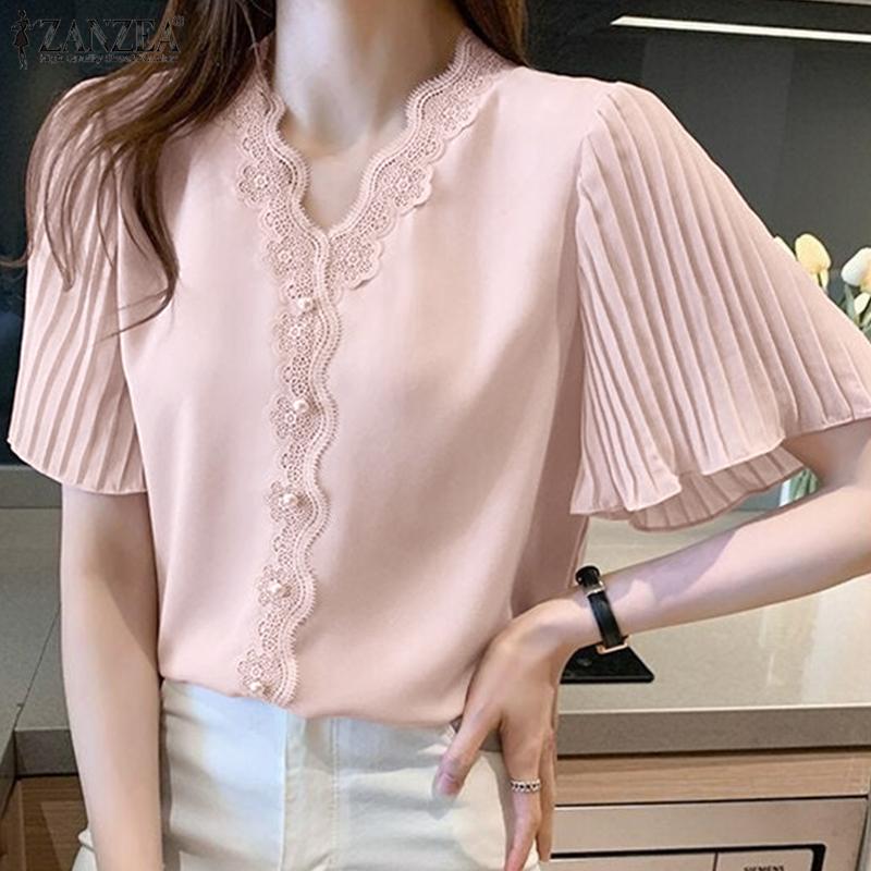 

ZANZEA Женская повседневная свободная летняя блузка с v-образным вырезом и коротким рукавом