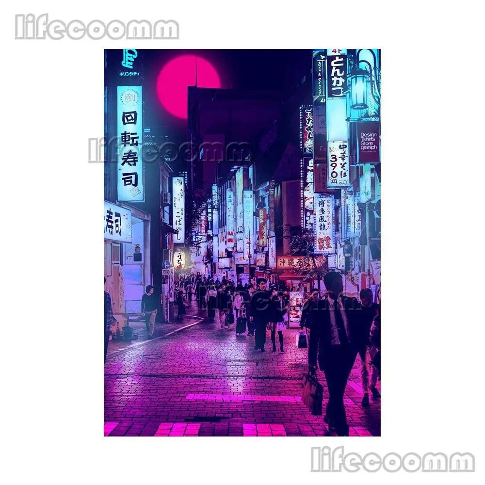 Anime City Neon Night 80s Vaporwave Japan City Street Poster Wall Art Canvas Painting Wall Pictures For Living Room Home Decor No Frame