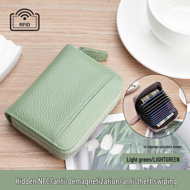 Women's Genuine Leather Zipper Card Holder - Anti-Demagnetization Multi-Slot Accordion Style