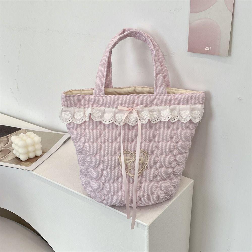 Korean Style Bucket Bag Sweet Fresh Lace Lunch Bag Portable Bowknot Handbag Student