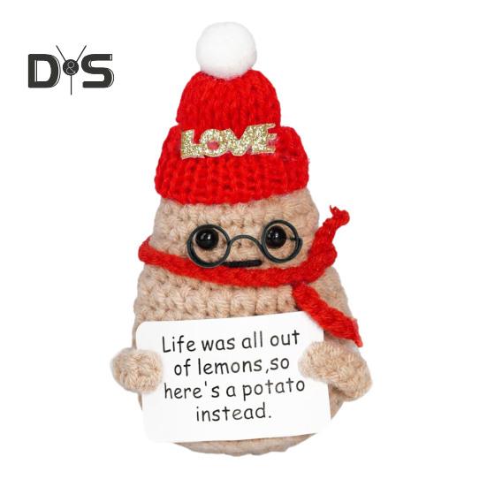 

Рождественские вязаные крючком позитивные очки Картофель с вдохновляющей открыткой Эмоциональная поддержка Ручная вязаная рождественская шапка Картофельная кукла Украшение Орнамент красный