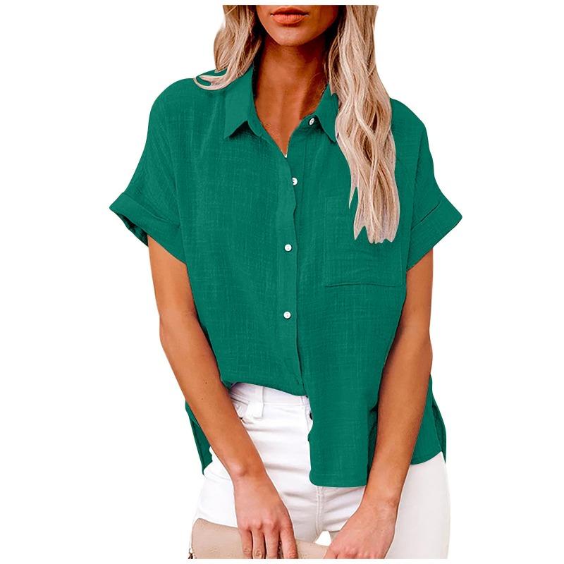 Fashion Short Sleeved Casual Women Summer Shirt Plus Size Elegant Lapel Casual Office Blouse Woman Loose Solid Color Women's Clothing