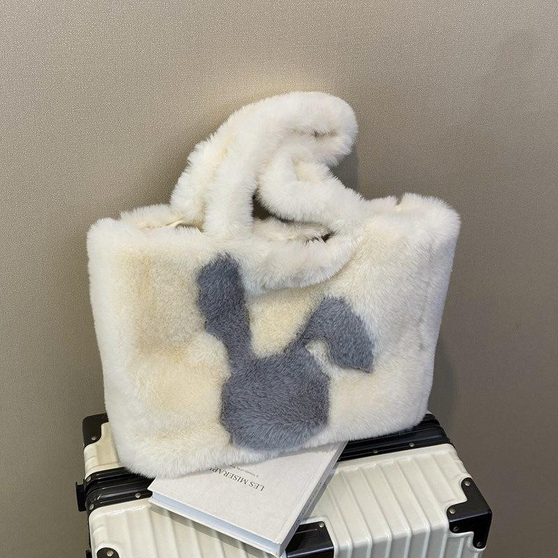 

Furry women s bag winter new portable plush commuter tote bag cute big ears rabbit casual shoulder bag белый