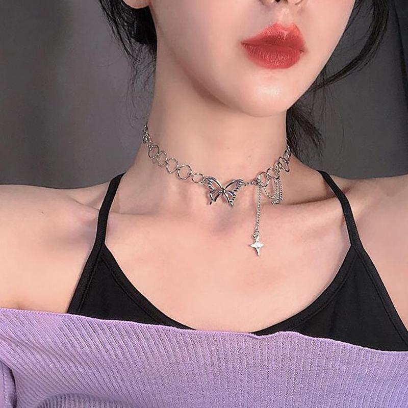 Trendy Personality Butterfly Star Circle Hollow Necklace For Women Punk Clavicle Chain Party Goth Choker Accessories Gift Y2K