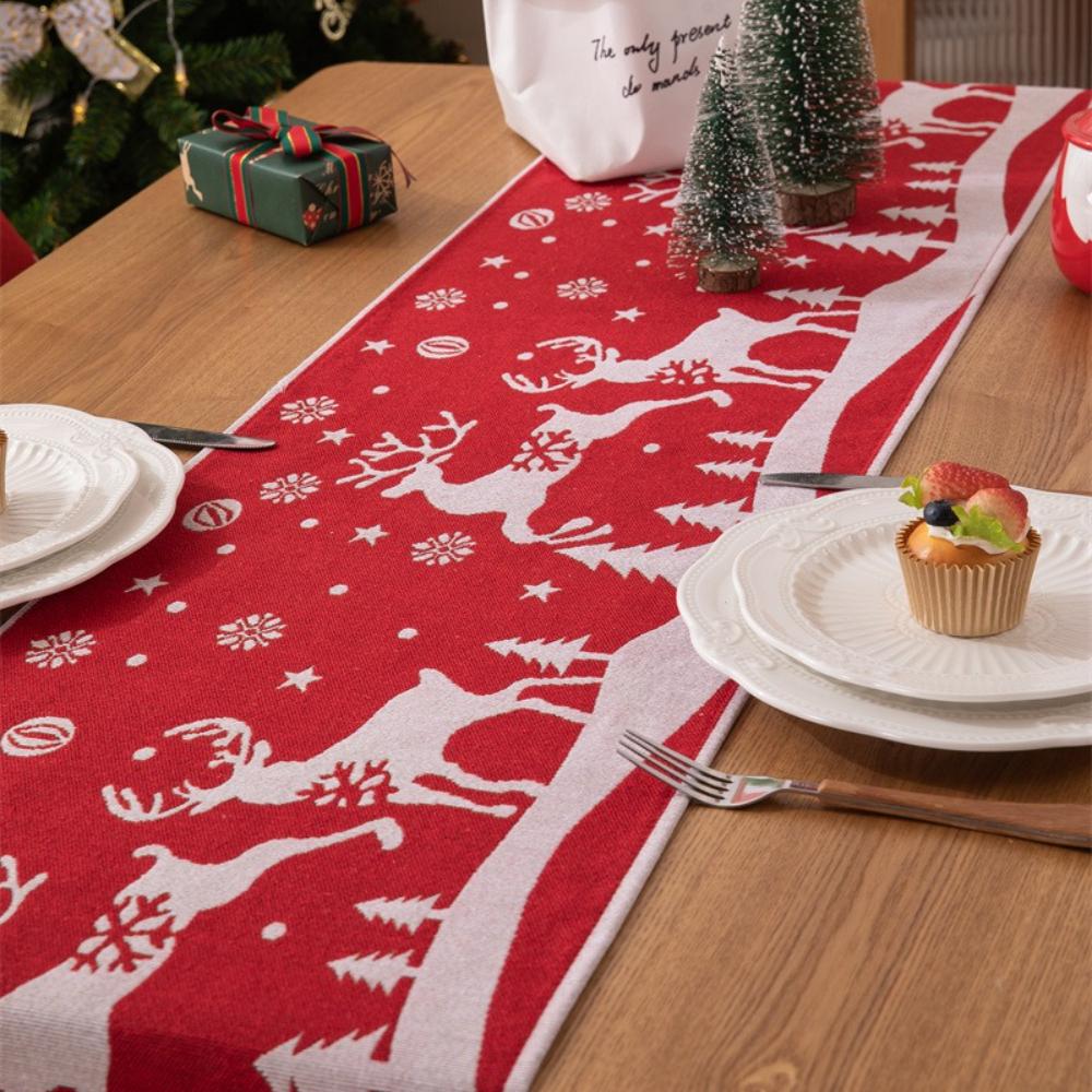 Christmas Table Runner Red Holiday Table Decor Reindeer Snowflakes Pine Trees Festive Dining Room Decoration for Christmas Party