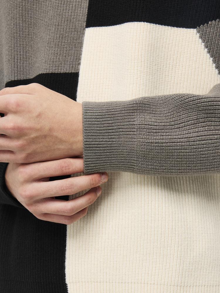 WOOG2005 Men's Color Block Patchwork Round Neck Sweater - 2025 Autumn/Winter Loose Casual Knitwear