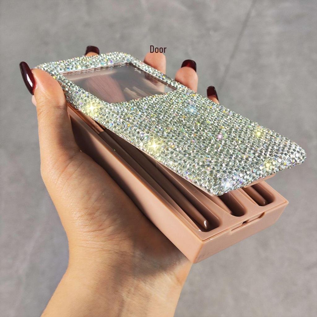 Rhinestone Travel Makeup Box with Mirror & Mini Brush Set