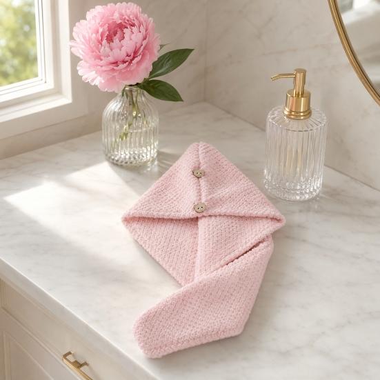 Hair Drying Towel with Button, Super Absorbent Coral Fleece Hair Towel, Skin-friendly Bath Turban for Women, Comfortable Hair Wrap for Long Hair