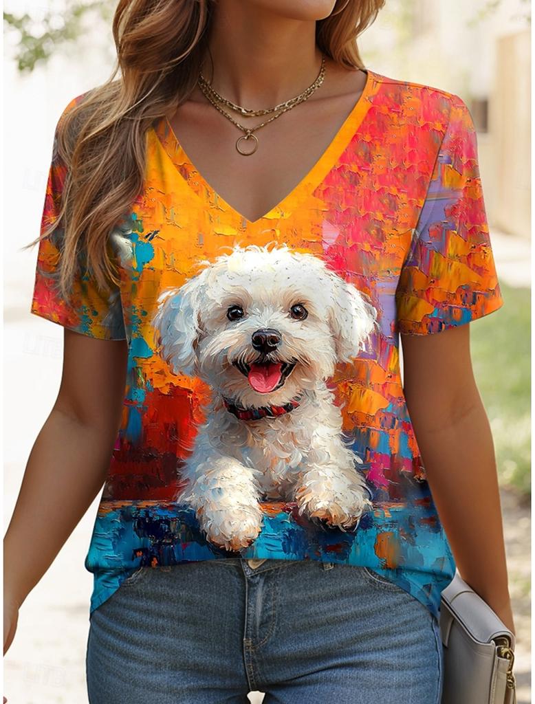 Damen T-Shirt Grafik Tier Vintage Stilvoll Klassisch Kurzarm V-Ausschnitt Regulär Oberteile Täglicher Druck Damenkleidung Oberteile für Damen