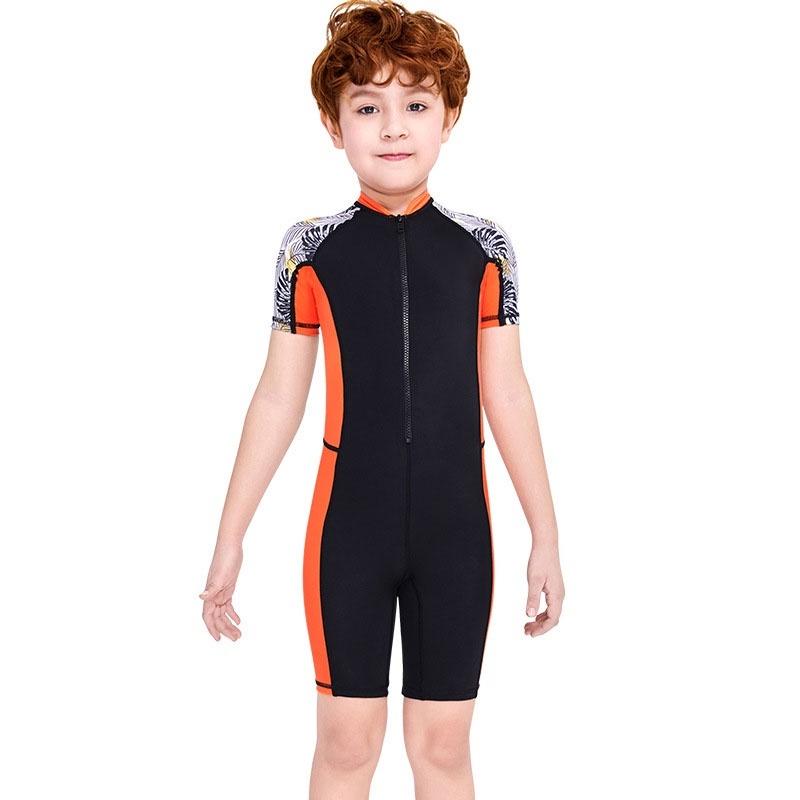 One-Piece Children Swimsuits Kid Swimwear Boys Long Sleeve Sun Protection (including Swimming Caps)