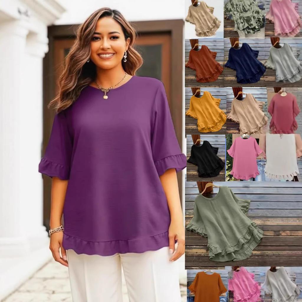 Plus Size Women's Buttonless Pleated Ruffle Edge Front Short Back Long Flared Sleeve Round Neck Top Fashionable Comfortable Soft Casual T-shirt