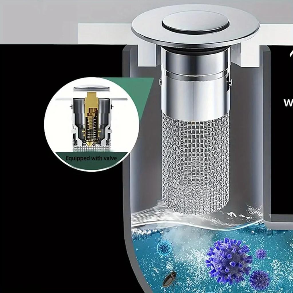 Bodenablauffilter aus Edelstahl, Waschbeckenstöpsel, Anti-Geruch, Pop-Up-Bounce-Core-Beckenstopper, Haarfänger, Duschspülbeckensieb