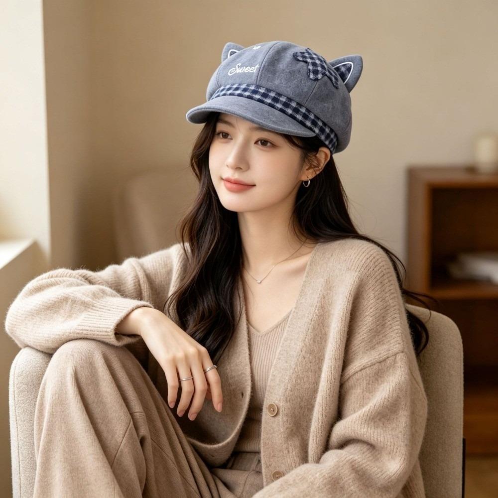 Cat Paw Pattern Women Octagonal Hat Japanese Style Newsboy Hat Casual Cat Ears Beret Cap Women