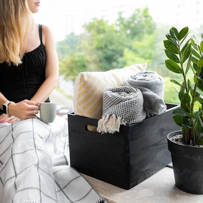 Boîte de Rangement en Bois Creative Deco Noire 39x29x23cm avec Poignées
