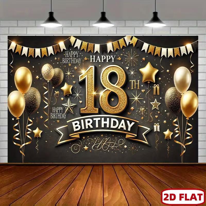 2D 18th Birthday Black Gold Star & Confetti Backdrop for Adult Party