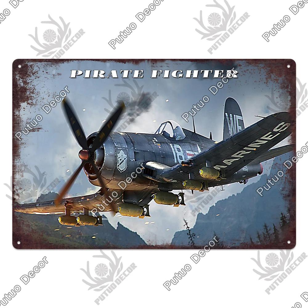 Putuo Decor Fighter Plane Vintage Tin Sign Plaque Metal Plate Retro Posters Wall Art Decoration for Garage Man Cave Pub Bar Club
