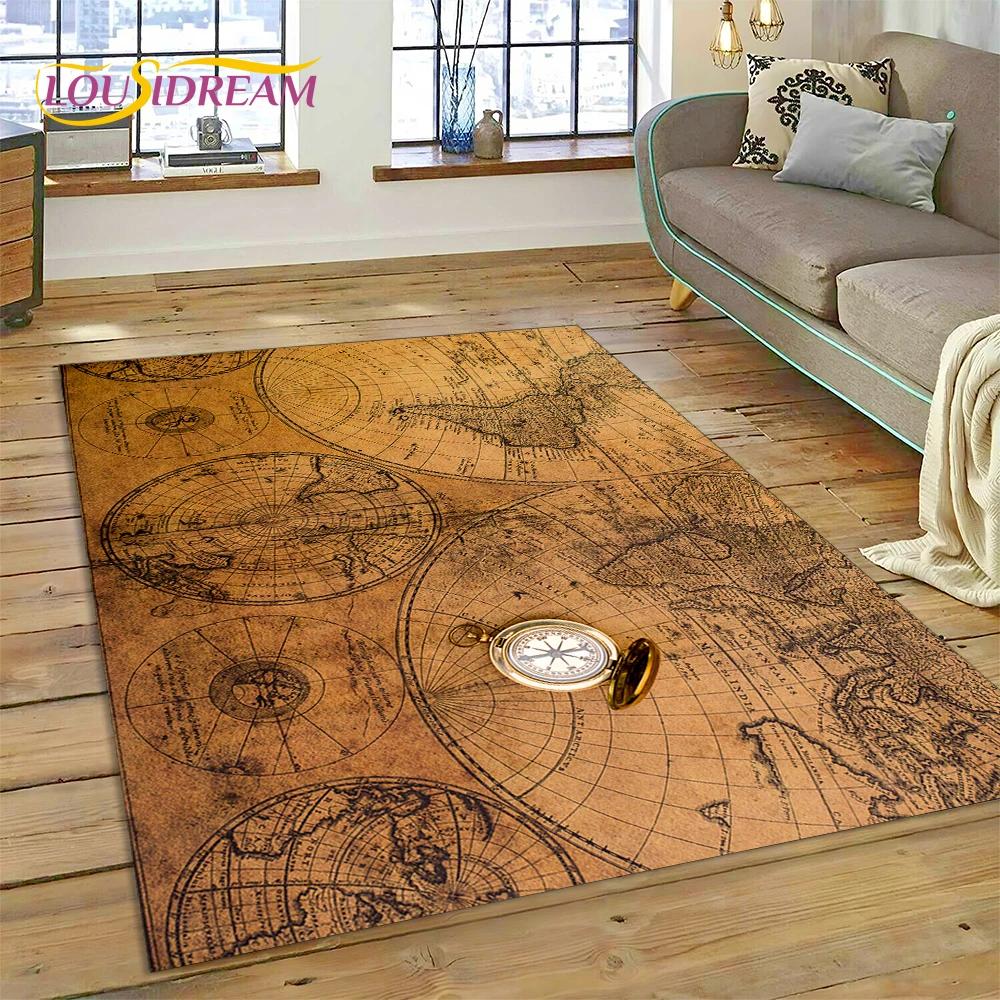 3D Starověká námořní mapa Mapa světa Kompas Koberec Kobereček do ložnice Obývacího pokoje Dekorace pohovky, Dětská hra Velká dekorační podložka na podlahu