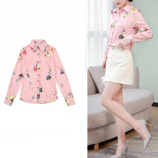 Slim Large Size Floral Fit Print Lapel Casual Button Long Sleeve Shirt Blouse