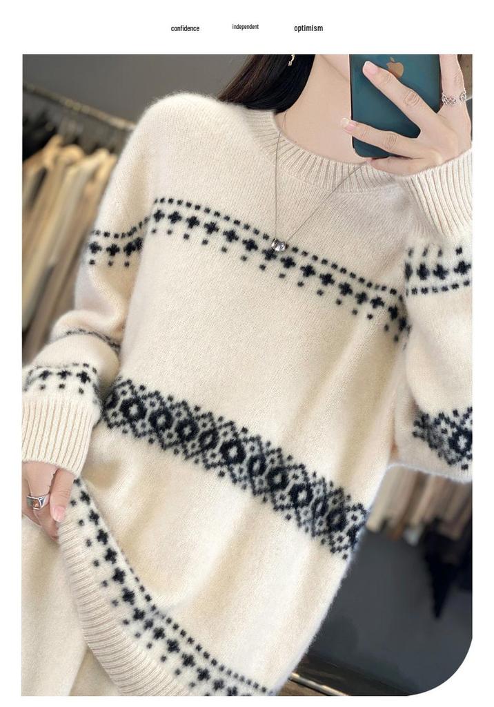 Mall-Stil Dicker Reiner Wollpullover für Damen - 100% Wolle Locker Gestrickt Vielseitiges Oberteil
