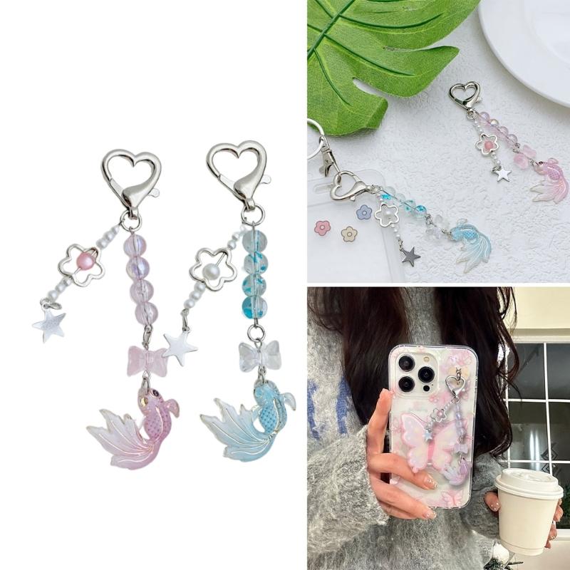 Goldfish Bead Charm Keychain with Star Bowknot Handmade Acrylic Keyring Pendant Fashion Accessory for Bags Backpacks
