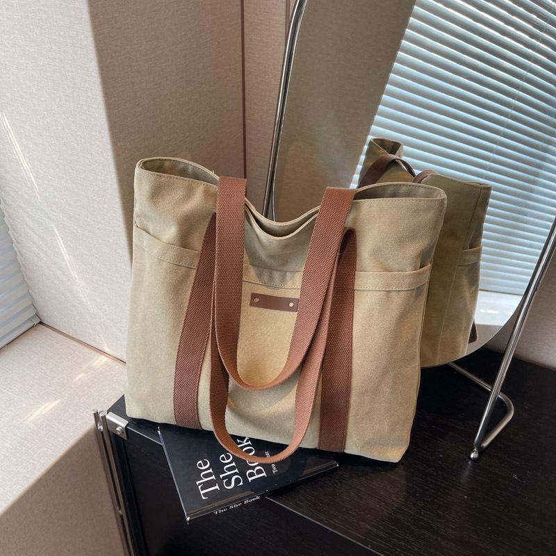 

Canvas bag women s large-capacity new summer versatile simple shoulder bag college student class tote bag хаки