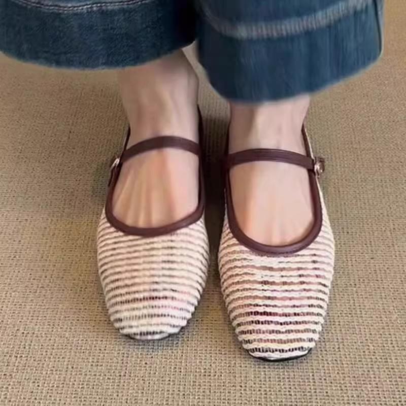 Super Soft Sheepskin~ French Cool Single Shoes Women's Flat-bottomed Summer Woven Retro Shallow Mouth Ballet Shoes Breathable Mary Jane Shoes