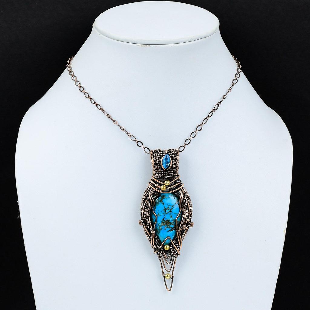 Turquoise Gemstone Pure Copper Wire Wrapped Handmade Pendant Jewelry For Her