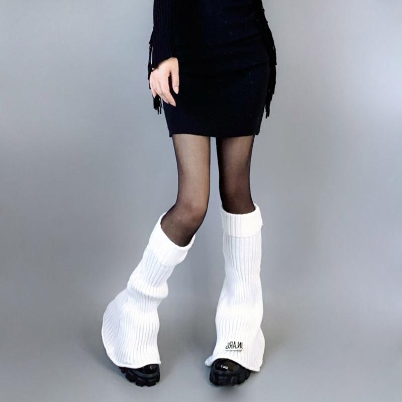 Harajuku Women Autumn Vintage Flared Leg Warmers Socks Gothic Punk Letters Label Ribbed Knitted Foot Covers Streetwear