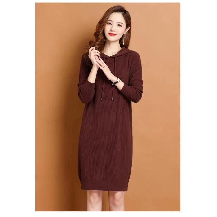 

Early Autumn Hooded Knitted Dress Spring Autumn Medium and Long Autumn Slim Women s Dress 1 Color Sweater Dress M темно-коричневого